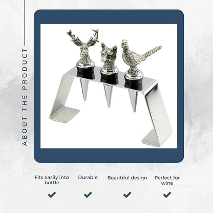 Regent Stainless Steel 3-Piece Animal Stoppers Set (Trapezium Holder) Classic Design 3 Piece Wine Stopper Set, Bottle Stoppers with stand - Set of 3