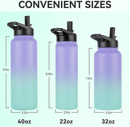 DOMICARE 40 oz Insulated Water Bottle, Vacuum Insulated Stainless Steel Sports Water Bottle with Straw Lid & Spout Lid, Leakproof, Reusable - Travel, Camping, Bike, Purple Green Gradient
