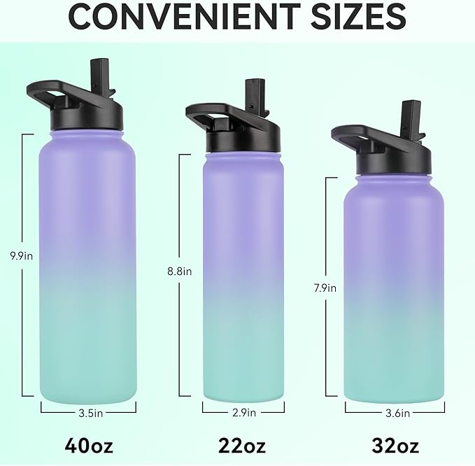 DOMICARE 40 oz Insulated Water Bottle, Vacuum Insulated Stainless Steel Sports Water Bottle with Straw Lid & Spout Lid, Leakproof, Reusable - Travel, Camping, Bike, Purple Green Gradient