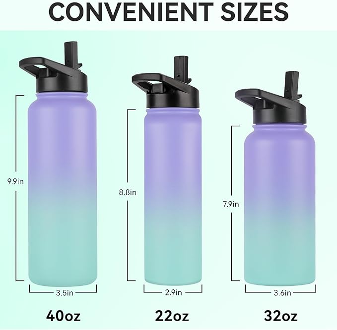 DOMICARE Insulated Water Bottle, 22 oz Vacuum Insulated Stainless Steel Reusable Sports Bottle with Straw Lid & Spout Lid for Travel, Camping, Bike, Leakproof, Purple/Green, 1 Pack
