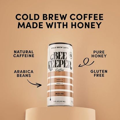Beekeeper Coffee Cold Brew Mocha Latte with Oregon Honey, 8 fl oz cans (Pack of 12), Ready-to-Drink, 125mg Natural Caffeine