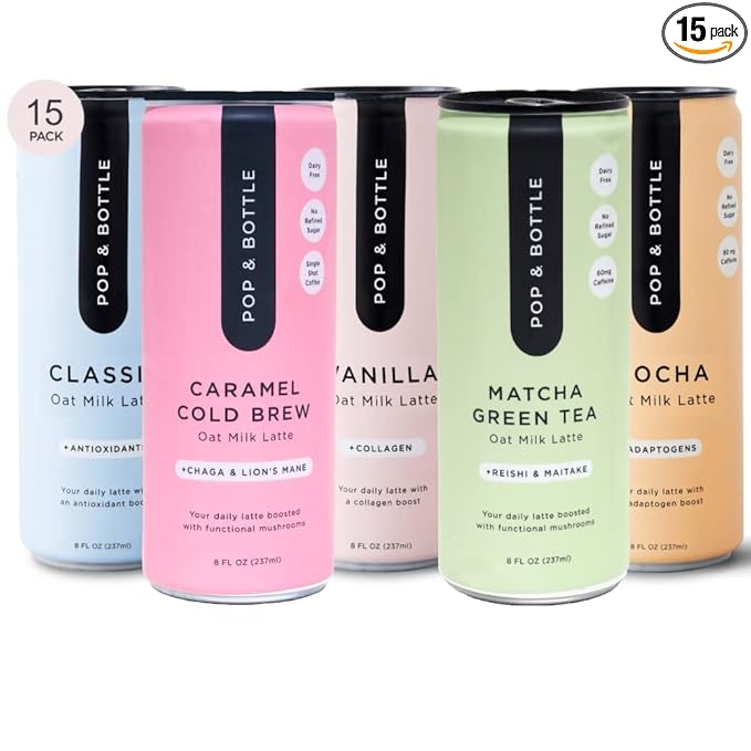 Pop & Bottle, Oat Milk Lattes - Maca, Antioxidants, Ashwagandha, MCT Oil, Collagen, Mushrooms, Organic, Dairy & Gluten Free, Great as Iced Coffee, Lightly Sweetened with Dates - 8 Fl Oz (15 Pack)