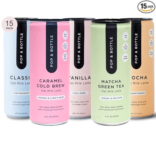 Pop & Bottle, Oat Milk Lattes - Maca, Antioxidants, Ashwagandha, MCT Oil, Collagen, Mushrooms, Organic, Dairy & Gluten Free, Great as Iced Coffee, Lightly Sweetened with Dates - 8 Fl Oz (15 Pack)