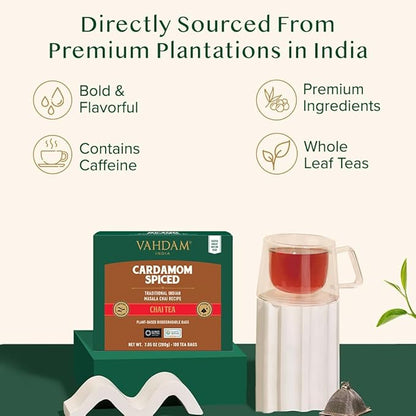 VAHDAM, Cardamom Masala Chai Tea Bags (100 Count) Non GMO, Gluten Free, No Artificial Flavor | Blended w/Exotic Spices | Chai Tea | Resealable Ziplock Pouch