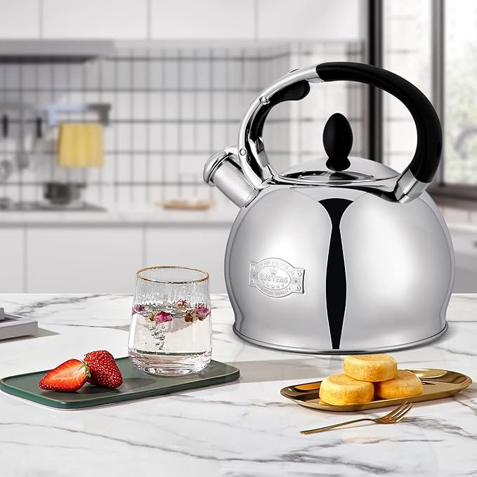 SUSTEAS Stove Top Whistling Tea Kettle - Food Grade Stainless Steel Teakettle Teapot with Cool Touch Ergonomic Handle, With 1 Silicone Pinch Mitt Included,2.64 Quart(SILVER)