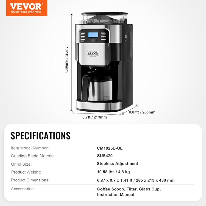 VEVOR Coffee Maker with Grinder, 8 Cup Coffee Machine, Grind and Brew Coffee Maker with 3 Brew Strength Control, 24-Hour Timer for Auto Brew, for Home Office Restaurant