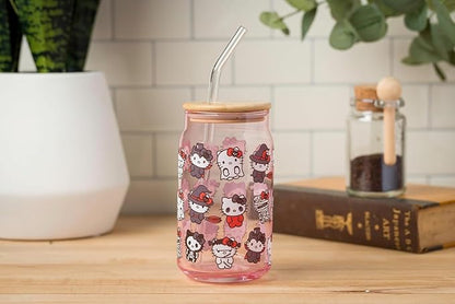 Silver Buffalo Sanrio Hello Kitty and Friends Halloween Spooky Costumes Ghost Witch Vampire Zombie Frankenstein Skeleton Pink Glass Jar Tumbler with Bamboo Lid and Glass Straw, 16 Ounces