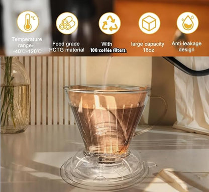 Coffee Dripper with Coffee Filters Drip Coffee Maker Pour Over 100 coffee Filters Large 18 oz BPA Free