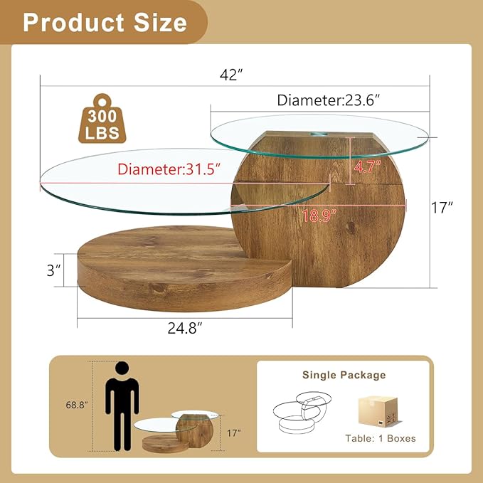 42 Inch Glass Coffee Table，Round Coffee Table with 2-Tier Tempered Glass Tabletop，Easy to Clean Circle Coffee Table with Sturdy Base for Living Room，Office （Brown Colored Base）
