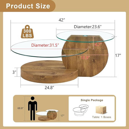 42 Inch Glass Coffee Table，Round Coffee Table with 2-Tier Tempered Glass Tabletop，Easy to Clean Circle Coffee Table with Sturdy Base for Living Room，Office （Brown Colored Base）