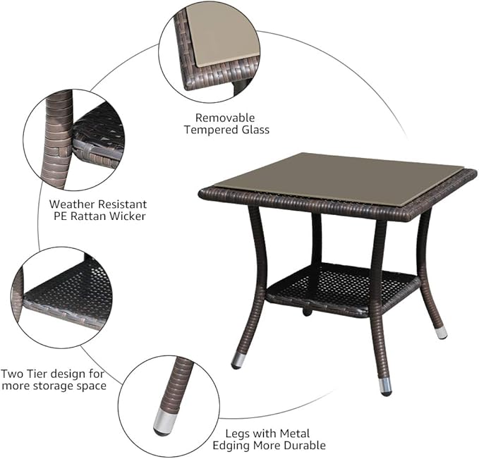 Super Patio Outdoor Side Table, 20" Square Wicker End Table, Tempered Glass Top Coffee Table with Storage, Aluminum Frame-Brown