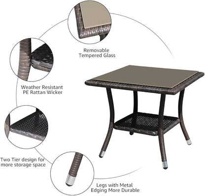 Super Patio Outdoor Side Table, 20" Square Wicker End Table, Tempered Glass Top Coffee Table with Storage, Aluminum Frame-Brown