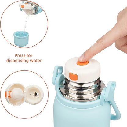 Insulated Water Bottle with Handle and Strap,Vacuum Travel Tumbler with Cup Lid,Thermo Coffee Cup for Hot Cold Drinks 27 OZ,Cyan Blue