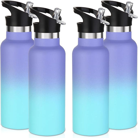 Volhoply 17oz Insulated Water Bottle Bulk 4 Pack,Stainless Steel Kids Water Bottles with Straw Lid,Double Wall Vacuum Metal Water Bottle,Reusable Sports Flask Keep Cold (Purple Blue,4 Set)