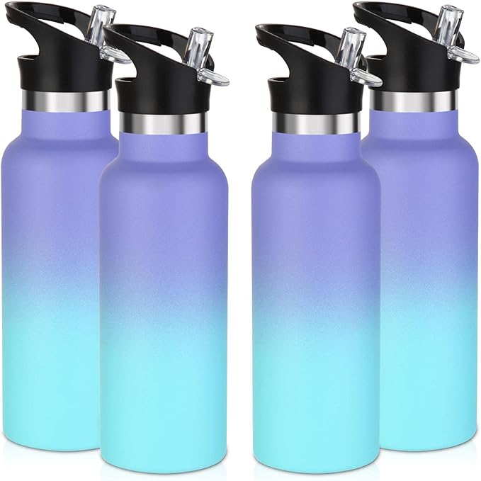 Volhoply 17oz Insulated Water Bottle Bulk 4 Pack,Stainless Steel Kids Water Bottles with Straw Lid,Double Wall Vacuum Metal Water Bottle,Reusable Sports Flask Keep Cold (Purple Blue,4 Set)