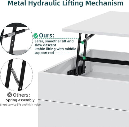 HOMMPA 40'' Lift Top Coffee Table, White With Storage for Living Room, LED Modern Design, 2 Drawers & Hidden Compartment