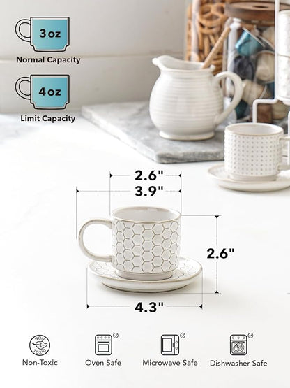 LE TAUCI Stackable Espresso Cups 4 oz with Saucers and Stand, Ceramic Embossment Coffee Cup for Double shot, Lungo, Ristretto, Dishwasher Oven Safe - Set of 4, Arctic white