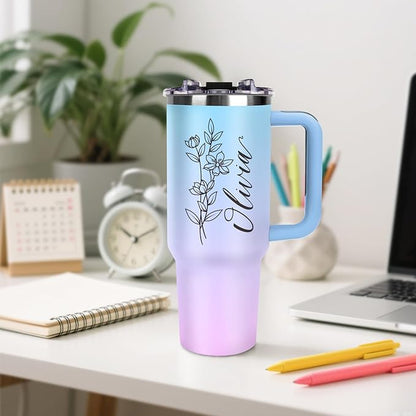 Personalized 40oz Tumbler with Handle and Straw, Custom Tumbler with Names & Birth Month Flower, Stainless Steel Travel Coffee Mug, Personalized Birthday Gifts For Women