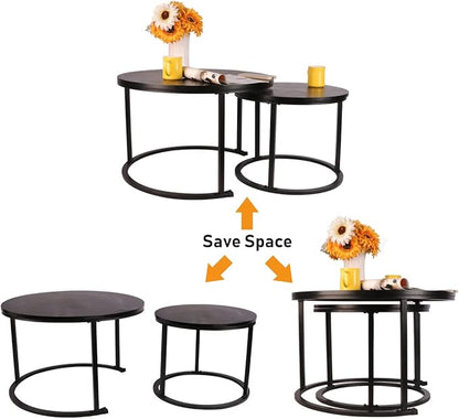 BIGTREE Round Nesting Coffee Table Set of 2,Waterproof Faux Marble Wood Top with Adjustable Non-Slip Feet for Living Room,Office