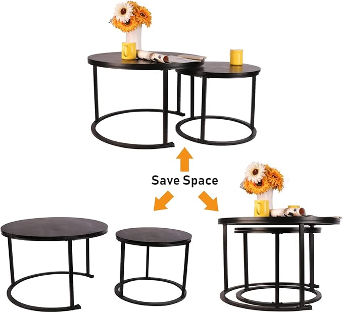 BIGTREE Round Nesting Coffee Table Set of 2,Waterproof Faux Marble Wood Top with Adjustable Non-Slip Feet for Living Room,Office