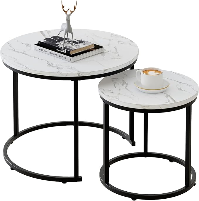 aboxoo Round Nesting Coffee Table Side Table Set of 2 End Tables for Living Room Bedroom Balcony, White Faux Marble Wooden Table Accent Coffee Table with Black Steel Frame