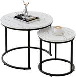 Load image into Gallery viewer, aboxoo Round Nesting Coffee Table Side Table Set of 2 End Tables for Living Room Bedroom Balcony, White Faux Marble Wooden Table Accent Coffee Table with Black Steel Frame