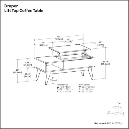 SIMPLIHOME Draper Lift Top Coffee Table - 48 inch Wide Solid Hardwood Mid-Century Modern Cocktail Table in Teak Brown, Functional Living Room Table with Storage Compartment, Open Shelf and Angled Legs