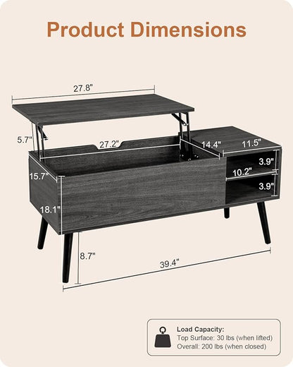 ALINE FURNITURE Gray Coffee Table Lift Top - Dark Grey Coffee Table with Solid Wood Legs, Hidden Storage Compartment & Open Shelves - 40" Rectangle Coffee Tables for Living Room