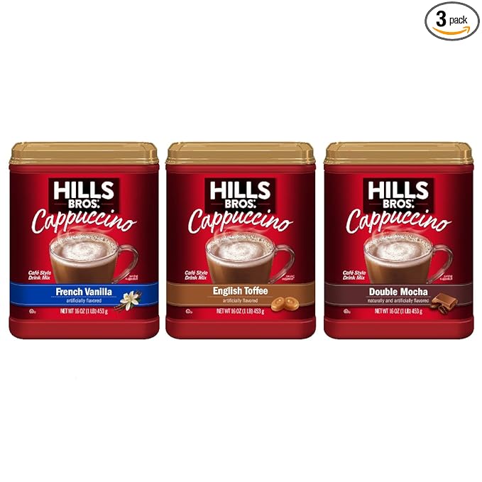 Hills Bros. Cappuccino Mix – Rich, Frothy Coffeehouse-Tasting Instant Drink Mix – Quick and Easy Preparation – Perfect for Hot & Iced Drinks & Creaming Coffee – Starter Variety Bundle, 3 Packs of 16oz