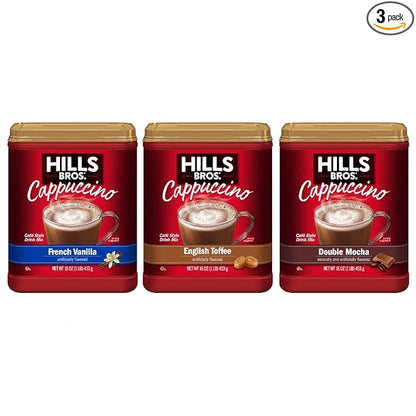 Hills Bros. Cappuccino Mix – Rich, Frothy Coffeehouse-Tasting Instant Drink Mix – Quick and Easy Preparation – Perfect for Hot & Iced Drinks & Creaming Coffee – Starter Variety Bundle, 3 Packs of 16oz
