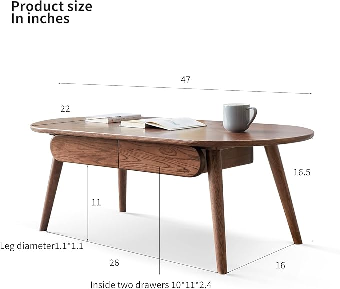 Solid Wood Coffee Table with Drawers - 100% North American FAS Grade Oak, Traditional Mortise and Tenon Craftsmanship, Low Table for Living Room & Home Office Eco-Friendly Finish