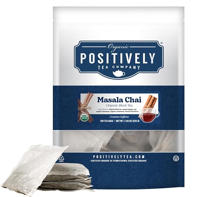 Organic Positively Tea Company, Masala Chai Black Tea Bags, 100 Count, Eco-Friendly Tea Bags, Non-GMO