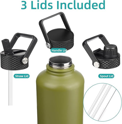 Half Gallon Insulated Water Bottle with Straw,64 oz 3 Lids Water Jug with Carrying Bag,Paracord Handle,Double Wall Vacuum Stainless Steel Metal Flask,Forest Green