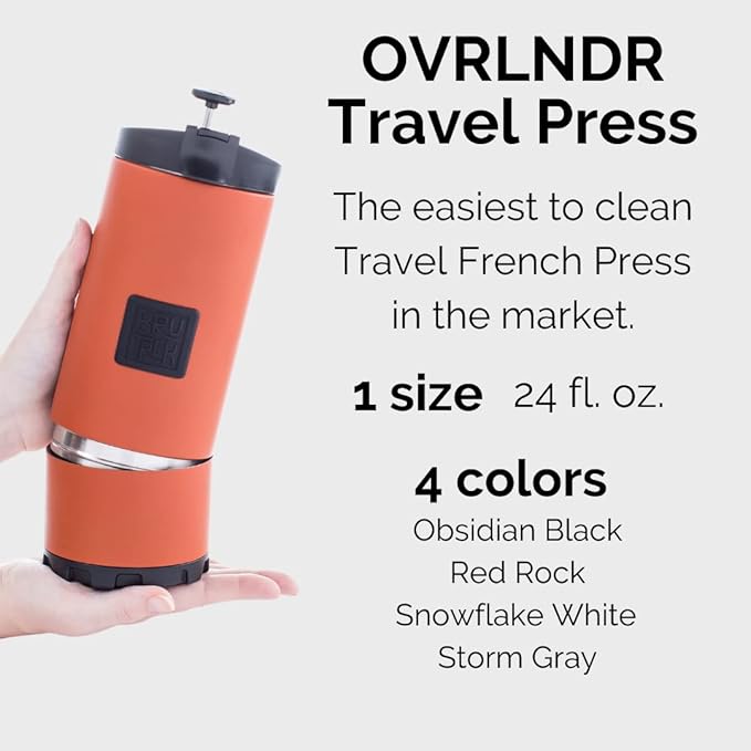 OVRLNDR Travel Coffee French Press, 24 fl.oz Capacity, Double Wall Vacuum Insulated, Easy To Clean Removable Bottom, Locking No Spill Lid, On The Go Coffee Brewing (Storm Gray)