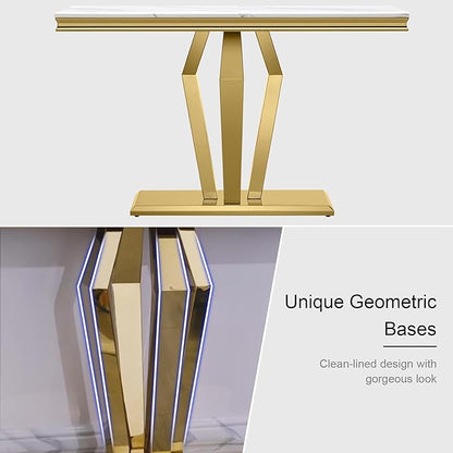 Coffee Table Set, 48 inches Modern Gold Coffee Table with 4 Geometric Polished Bases and Rectangular Gold Console Table with White Top for Living Room (Coffee Table + Console Table)