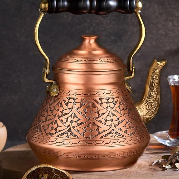 Vintage 100% Solid Pure Copper Turkish TeaPot Tea Kettle Pot for Stovetop Stove Top Traditional Decorative Fancy Arabic Moroccan Party Serving Kitchen Antique Handmade Unique Style Gooseneck Gift