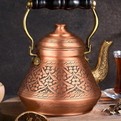 Vintage 100% Solid Pure Copper Turkish TeaPot Tea Kettle Pot for Stovetop Stove Top Traditional Decorative Fancy Arabic Moroccan Party Serving Kitchen Antique Handmade Unique Style Gooseneck Gift