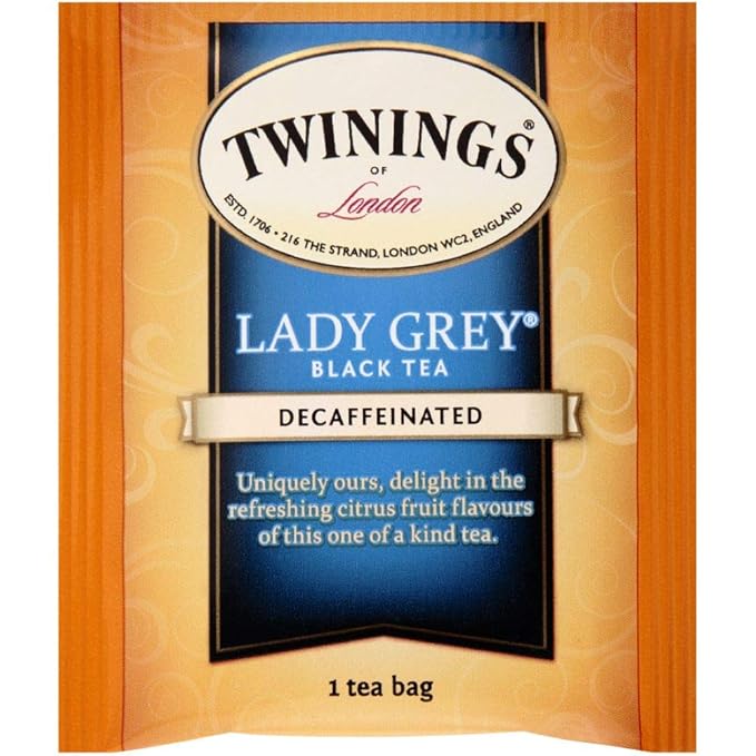 Twinings Decaffeinated Lady Grey Black Tea Individually Wrapped Bags, 20 Count (Pack of 1), Orange Peel & Lemon Peel, Enjoy Hot or Iced, 20 Teabags