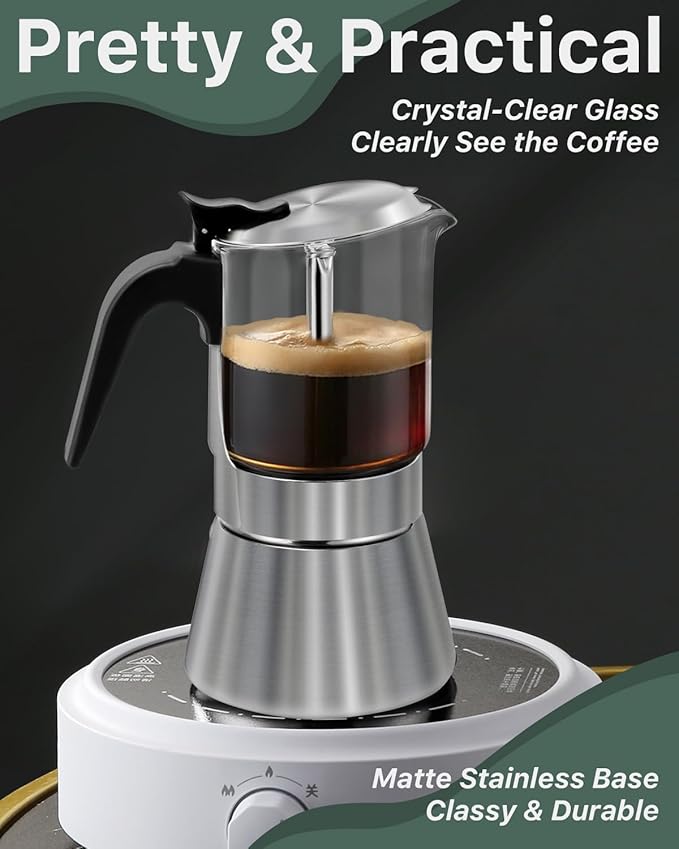 Grasseed Crystal Glass-Top Moka Pot, Brushed Stainless Steel Stovetop Espresso Maker for Italian Coffee - 9 Cup/360ml/12.6oz