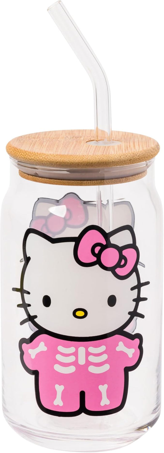 Silver Buffalo Sanrio Hello Kitty Halloween Spooky Skeleton Glass Jar Tumbler with Bamboo Lid and Glass Straw, 16 Ounces