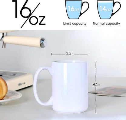 Smilatte 16 OZ Porcelain Coffee Mugs, Classic Blank Ceramic Cup with Large Handle for Tea Latte Cappuccino, Set of 4, White