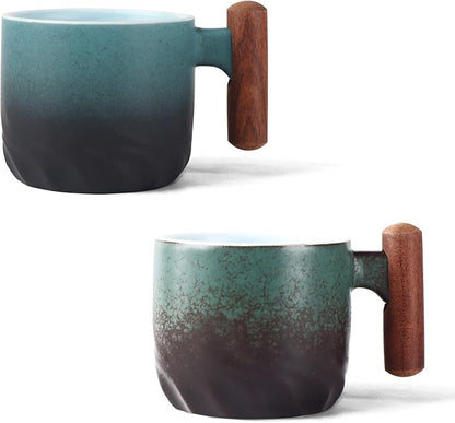 Porcelain Espresso Cups Set of 2, Small Tea Cups, 2 oz Ceramic Espresso Cups with Wooden Handle
