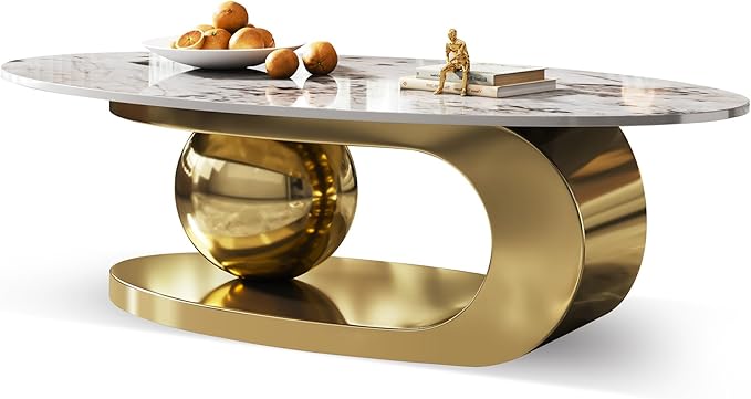Modern Coffee Table with Gold Stainless Steel Pedestal,Oval Living Room Table with Faux Marble Top,Sintered Stone Cocktail Center Table Marble Grain,51.20inch
