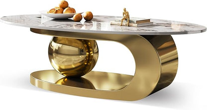 Modern Coffee Table with Gold Stainless Steel Pedestal,Oval Living Room Table with Faux Marble Top,Sintered Stone Cocktail Center Table Marble Grain,51.20inch