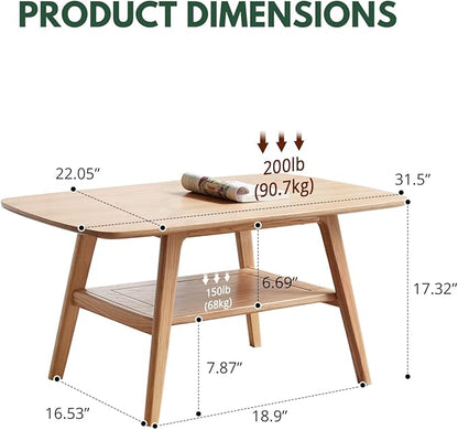 Wood Coffee Table - 100% Solid Oak Wood - Double Storage Coffee Table, Eco-Friendly Finish Center Table - Easy Assembly (Natural, 31.49" D x 19.68" W x 17.32" H)