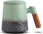 Load image into Gallery viewer, ZENS Tea Mug with Infuser and Lid for Loose Leaf Tea Steeper, 16.9 oz Embossed Ceramic Tea Cup with Fine Strainersand Wood Handle, Diffusers Accessories for Tea Lovers Gifts