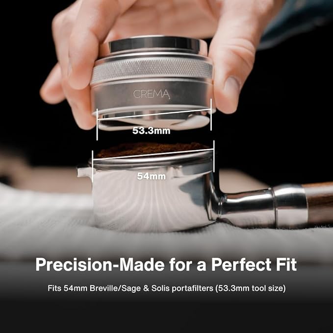 Crema Coffee Products 54mm Hand Tamper & Coffee Distributor | Compatible with 53.3mm Breville Portafilters | Double-Sided,Adjustable Depth Tool | Made with Durable 304 Stainless Steel | Silver