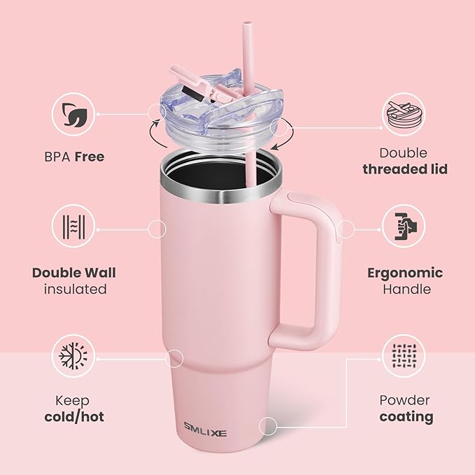 30 oz Tumbler with Handle, Tumbler with Lid and Straw, Double Wall Vacuum Insulated Travel Mug Stainless Steel Tumbler for Hot and Cold, Cupholder Friendly (Pink)