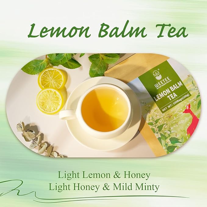 WT WEETEE Lemon Balm Tea Bags, 100 Count Pure Lemon Balm Leaves, Honey Scented with a Delicate Lemon Flavor, Caffeine-Free Herbal Tea
