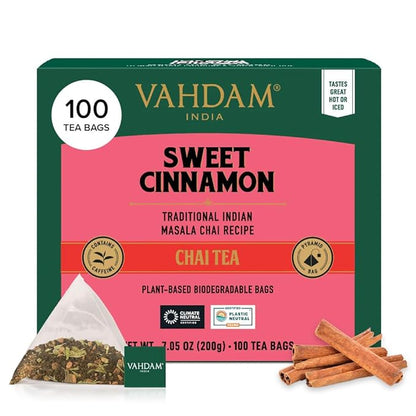 VAHDAM, Sweet Cinnamon Tea | 100 Tea Bags | 100% Natural Spices | Cinnamon Masala Chai Tea Recipe | Spiced Chai Tea Bag | Brew as Hot or Iced